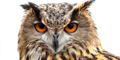 Obraz premium Close-up of eurasian eagle owl with intense orange eyes and feather patterns
