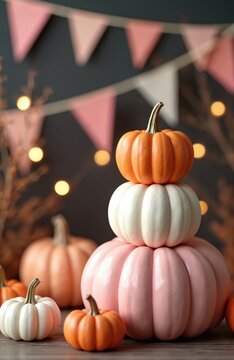 Stacked pastel pumpkins in pink white and orange with festive bunting and fairy lights cheerful halloween holiday decoration scene for seasonal autumn celebration.