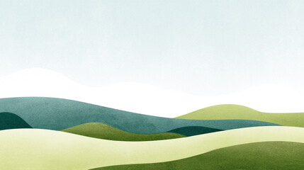 曲線で描かれた緑豊かな丘と青い空の抽象的な風景背景
