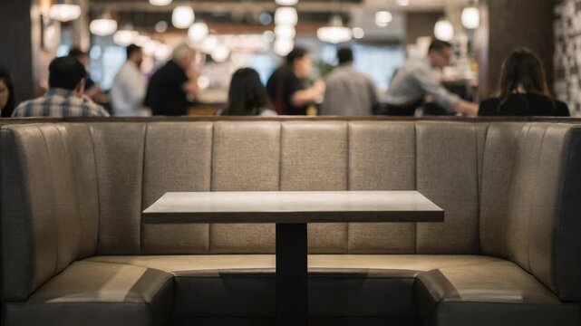 Cozy booth seating in a fastpaced dining area shown in medium shot the booth upholstery and table clearly defined against an outoffocus crowd scene.