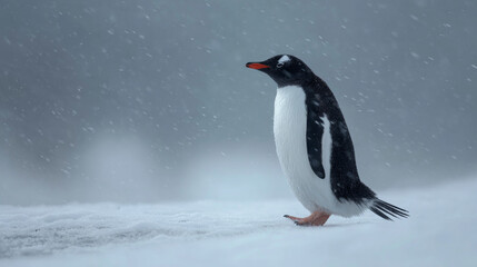 Obraz premium Gentoo penguin walking across snowy Antarctic landscape