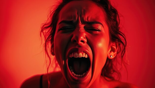 Woman screams in intense red light, showing raw emotion, fear, or pain. Close up portrait captures loud vocalization, distress, or anger in dramatic lighting.