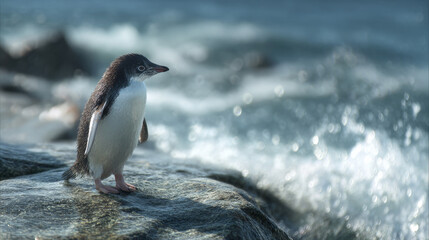 Obraz premium Penguin standing on rocky shoreline in a cold coastal environment