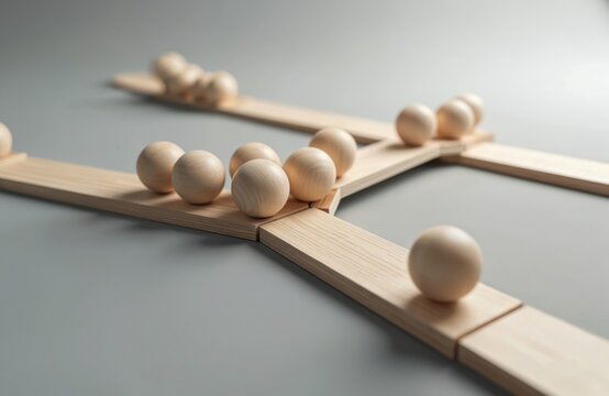 Wooden balls move on tracks creating a path. Some balls bunch up indicating a delay or blockage. This visualizes work process problems and workflow limitations.