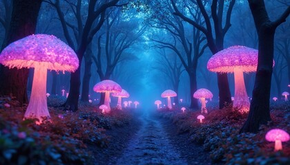 Obraz premium Magical forest path lined with giant glowing mushrooms in neon pink and purple. Mystical woods glow with blue light creating a surreal fantasy scene. Explore dreamy nature.