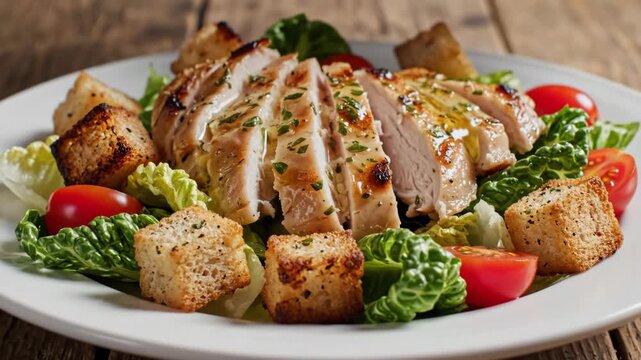 Delicious grilled chicken caesar salad with croutons, lettuce, and cherry tomatoes on a white plate, fresh and appetizing meal.