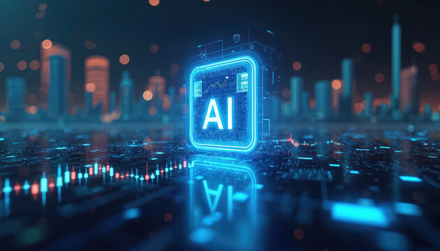 Futuristic AI emblem glows over digital stock market charts and city skyline. Technology enhances financial analysis and trading strategies for future investment growth.