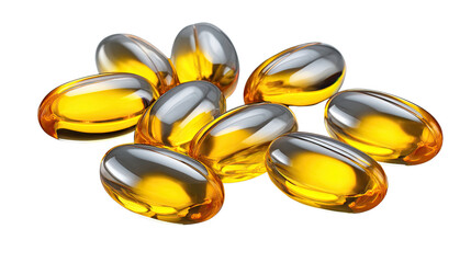 Vitamins for Wellness: An array of golden vitamin capsules gleam, illustrating the essence of health, care, and well-being.