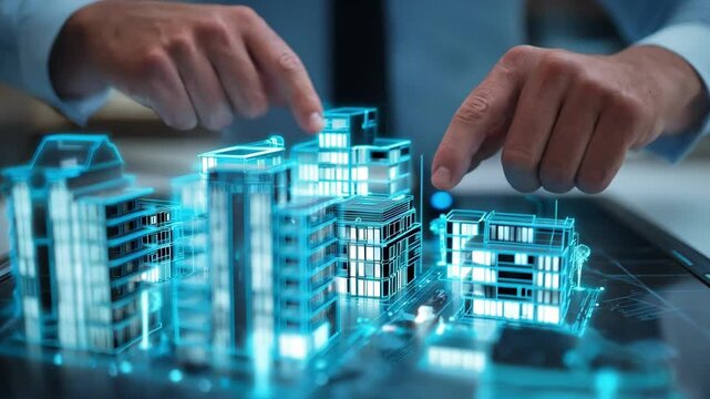 Medium shot of a technology specialist adjusting parameters in AI software calculating automated property valuations for various real estate types including commercial residential