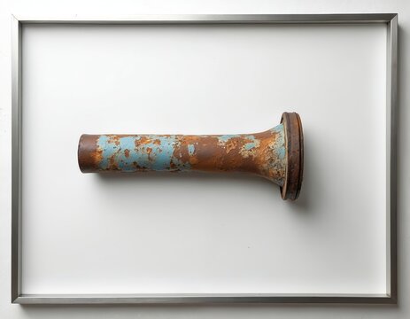 Rusty metal pipe with peeled blue paint, framed on a white backdrop. Industrial artifact repurposed as unique wall art object. Textured surface details visible.