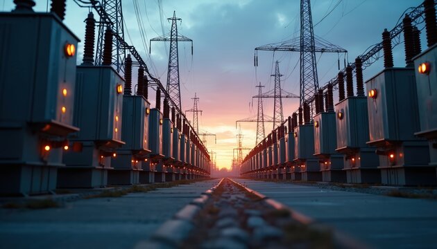 Rows of electrical transformers at a power substation at dusk. High voltage pylons stretch into the colorful sunset sky. The industrial facility hums with activity.