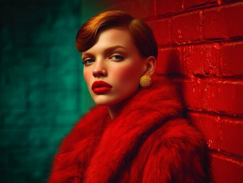 Elegant Woman in Red Fur Coat Portrait