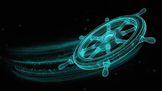 A glowing, stylized ship's wheel against a black background, with flowing light trails