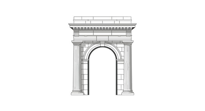 A detailed classical archway with an arched opening, ornate columns, and moldings is isolated on a white background.