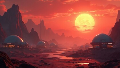 Obraz premium Alien planet landscape with futuristic domes built on red rocky ground. Huge sun sets on crimson sky over jagged mountains. Space colony settlement visible, future exploration.