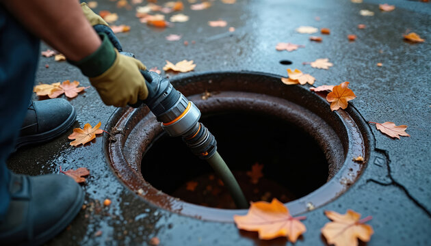 Worker inserts hose into street manhole. Service worker uses equipment for sewer inspection. Autumn leaves fall on wet pavement near drain opening. Utility maintenance job in urban setting.