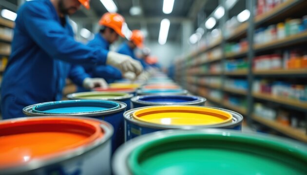 Factory workers in blue uniforms, orange helmets process colorful paint cans on assembly line. Industrial warehouse shelves stocked with paint containers create vibrant background. Teamwork ensures