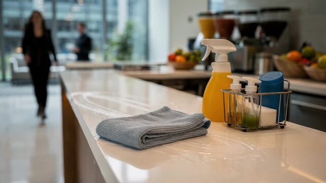 Clean shot of a tidy juice kiosk counter midcleaning with wiping cloth and supplies office tower lobby softly blurred beyond the main subject.