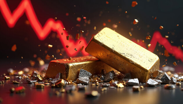 Gold bars and silver ore sit on dark surface with falling particles. Red graph line shows sharp decrease indicating market crash and financial crisis.