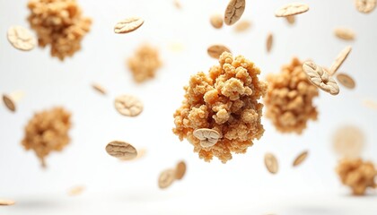 Oat granola clusters and rolled oats suspended in air against a clean white backdrop. Light, airy food composition perfect for healthy breakfast ads.