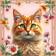 Ginger cat portrait with flowers