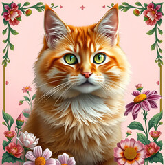 Cute fluffy ginger cat and flowers illustration 