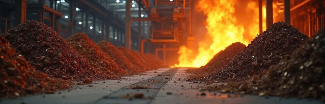 Piles of copper scrap metal at industrial plant with flames in background. Recycled materials are ready for smelting and reuse in manufacturing.