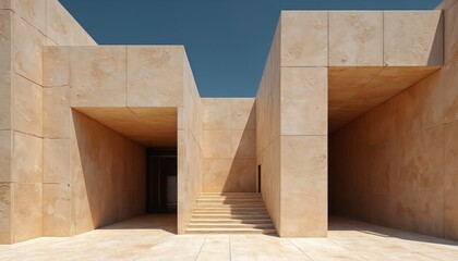 Modern building facade with geometric shapes and natural stone texture. Sunlight creates shadows on clean lines of contemporary architecture. Stpic lead to entry.