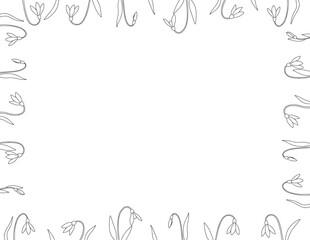 Obraz premium Coloring page for adults and children. Frame with spring flowers and leaves. Snowdrops.