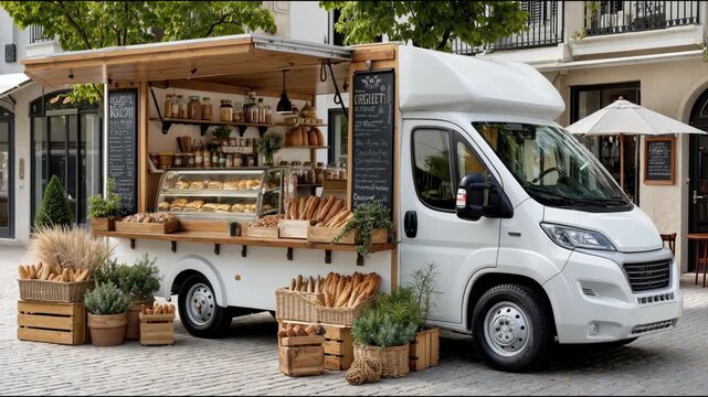 Mobile bakery food truck parked on a cobblestone street. White van converted into an artisanal street food stall selling fresh bread and pastries. Small business concept