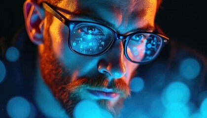 Man in glasses looking at digital data streams. Blue and orange lights reflect on his face and lenses. Focused gaze on futuristic technology interface.