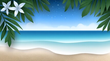 Fototapeta premium Tropical night beach with palm leaves and plumeria flowers, ocean waves washing sand under a starry sky