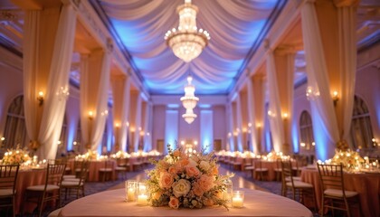 Obraz premium Elegant ballroom set for a wedding reception with floral centerpieces, candles, and chandeliers. Tables draped in soft fabric, chairs arranged, creating a romantic ambiance for guests.