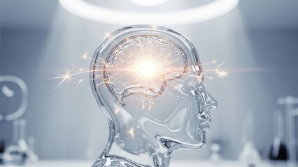 Fototapeta premium Transparent glass head with glowing brain. Concept of intellectual power, creative mind and brainstorming for innovation and science.