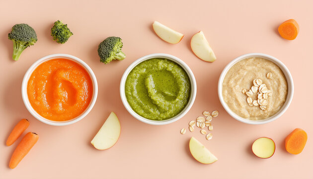 Bowls with healthy baby food on color background