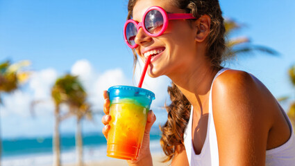 Obraz premium Woman enjoying tropical cocktail on beach, smiling under summer sun wearing pink sunglasses