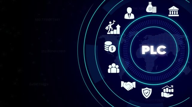 Private Limited Company P L C Business Finance Concept with and Symbols on Dark Blue Background with Glowing Blue Lines and Dots