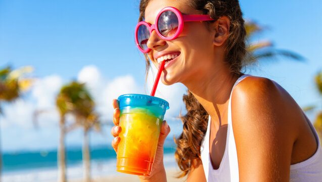 Woman enjoying tropical cocktail on beach, smiling under summer sun wearing pink sunglasses