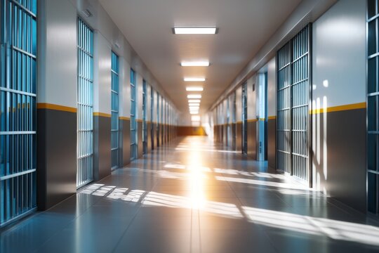 Empty Prison Hallway with Tense Atmosphere and Bright Lighting Effects