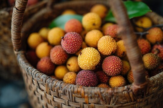 Pulasan and Langsat Fruits in Woven Basket with Vibrant Tropical Textures