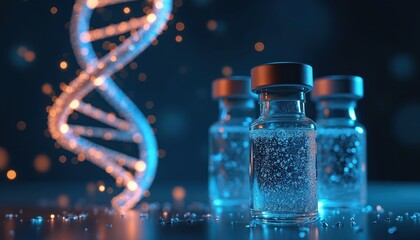 Glowing DNA helix, medical vials imply vaccine research. Science, medicine blend in lab setting. Biotechnology advances drug discovery, therapy development, disease prevention. Healthcare innovation