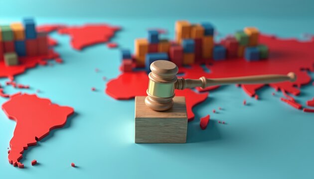Gavel on world map with cargo containers. Global trade laws, tariffs, export regulations, and customs policy enforced. Business and commerce decisions made impacting international shipping.