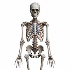 Human skeleton anatomy front view with detailed bones and joints, medical illustration of skeletal system for healthcare education, orthopedics and clinical science reference
