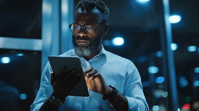 Medium shot of a concerned manager urgently coordinating emergency succession plans on a digital tablet during a critical situation.