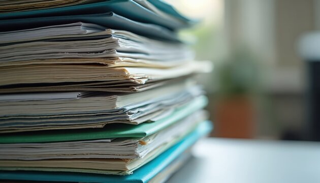 Tall stacks of office papers and files are piled high. Documents in folders create a messy heap on a desk. Unorganized paperwork suggests busy work.
