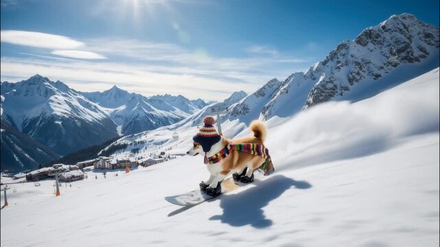 Corgi dog snowboarding down a snowy mountain slope. Pet in winter gear having fun at a ski resort. Winter sports adventure