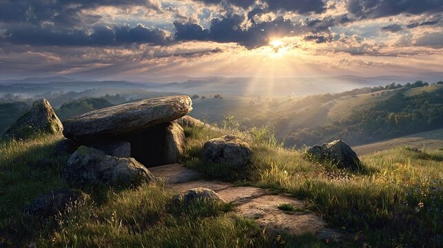 Ancient dolmen structure on a grassy hilltop, witnessing a beautiful sunset over rolling hills and misty valleys, symbolizing historical mystery and a timeless natural landscape