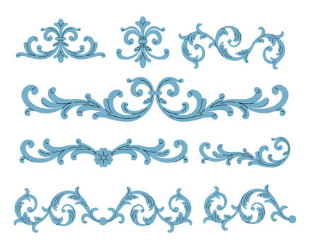 Vintage Blue Floral Flourish and Scrollwork Ornament Set