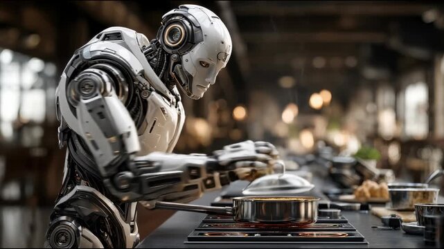Futuristic humanoid robot chef cooking a meal in a modern kitchen. Artificial intelligence machine preparing food on a stove with steam rising. AI automation technology concept