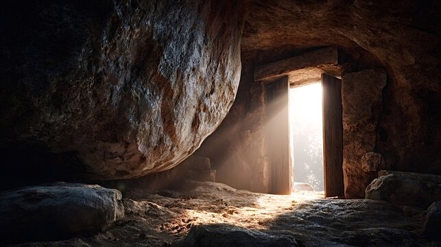 Empty ancient tomb, representing the resurrection of jesus christ on easter, with the large stone rolled away and bright light streaming into the dark interior, symbolizing hope and new life